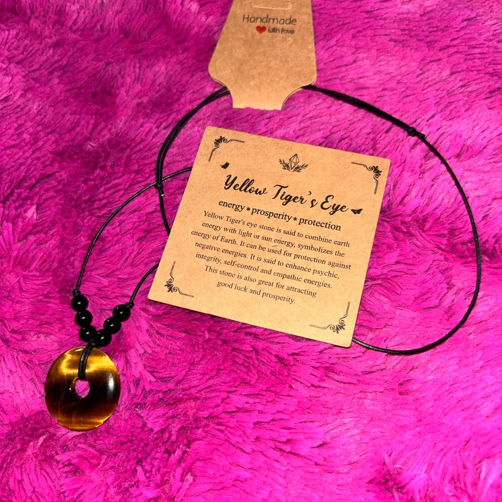 Handmade Yellow Tiger's Eye Donut Pendant Necklace - Black Cord